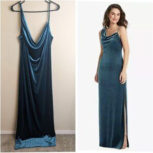 Social Bridesmaids size XL teal dutch blue velvet cowl neck maxi dress